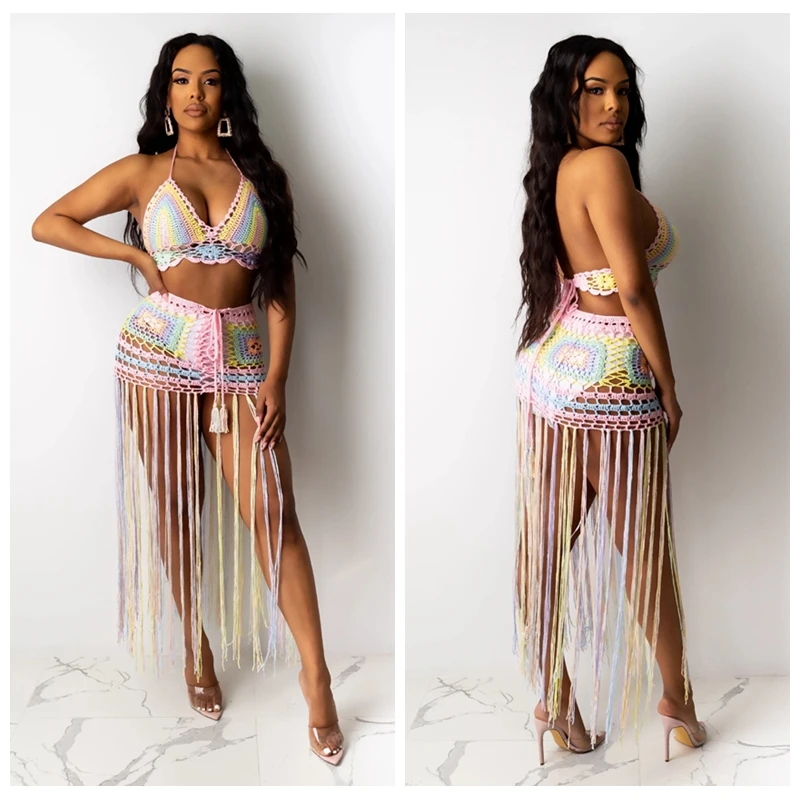 

2020 New crochet 2PCS/SET Beach cover up sexy women colorful bra top+ long fringe skirts bikini swimsuit bathing suit cover ups