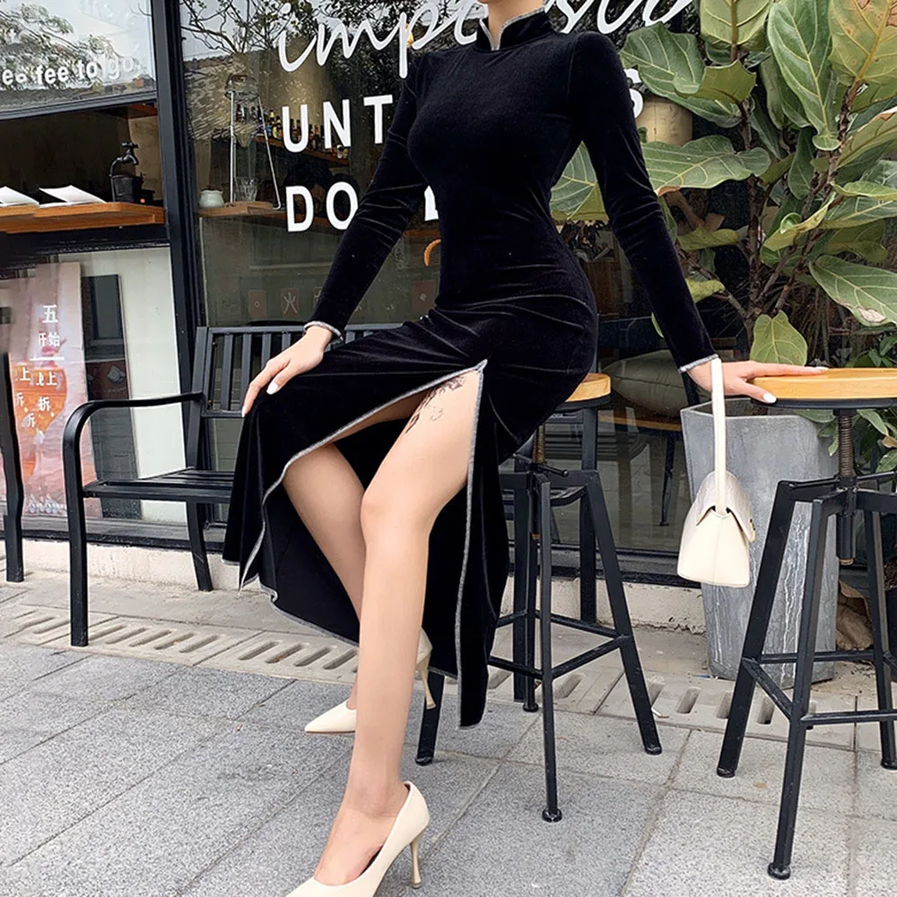 Винтаж Cheongsam Черное макси платье женское готическое уличное облегающее длинное с