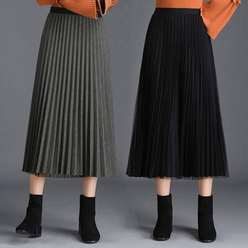 

Reversible Wool Gauze Skirt Mid-length Pleated Skirt Women's Autumn And Winter 2019 New Style High-waisted Pleated A- line Skirt