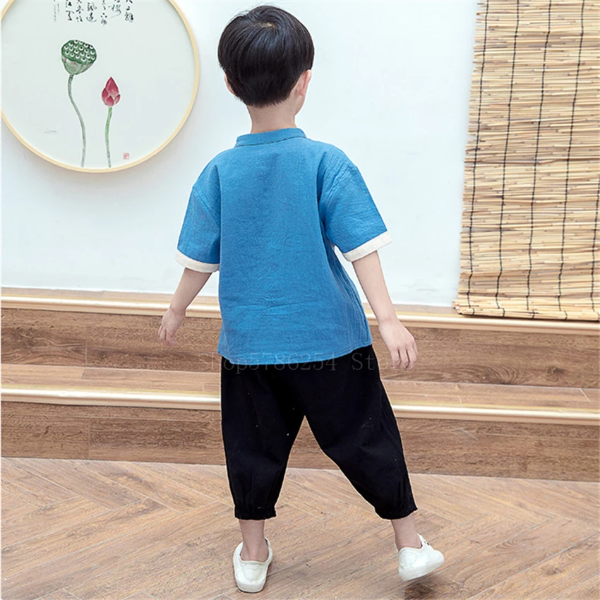 Summer Cotton Traditional Chinese Clothing for Kids Shirts Carp Vintage Top Pants Suit New Year Clothes Kung Fu Hanfu Men