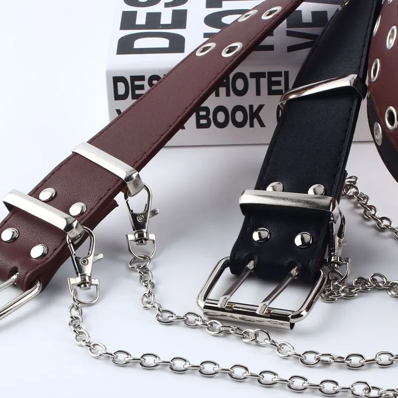 Fashion Women Fashion Rock Punk Chain Fashion Belt Adjustable Black Double/Single Eyelet Grommet Leather Buckle Belt