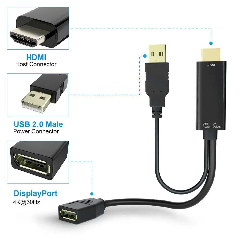 Адаптер HDMI Male Extensions 3840x2160 UHD 4K к DisplayPort Female кабель 15 см с USB 2 0 питанием для PC DP