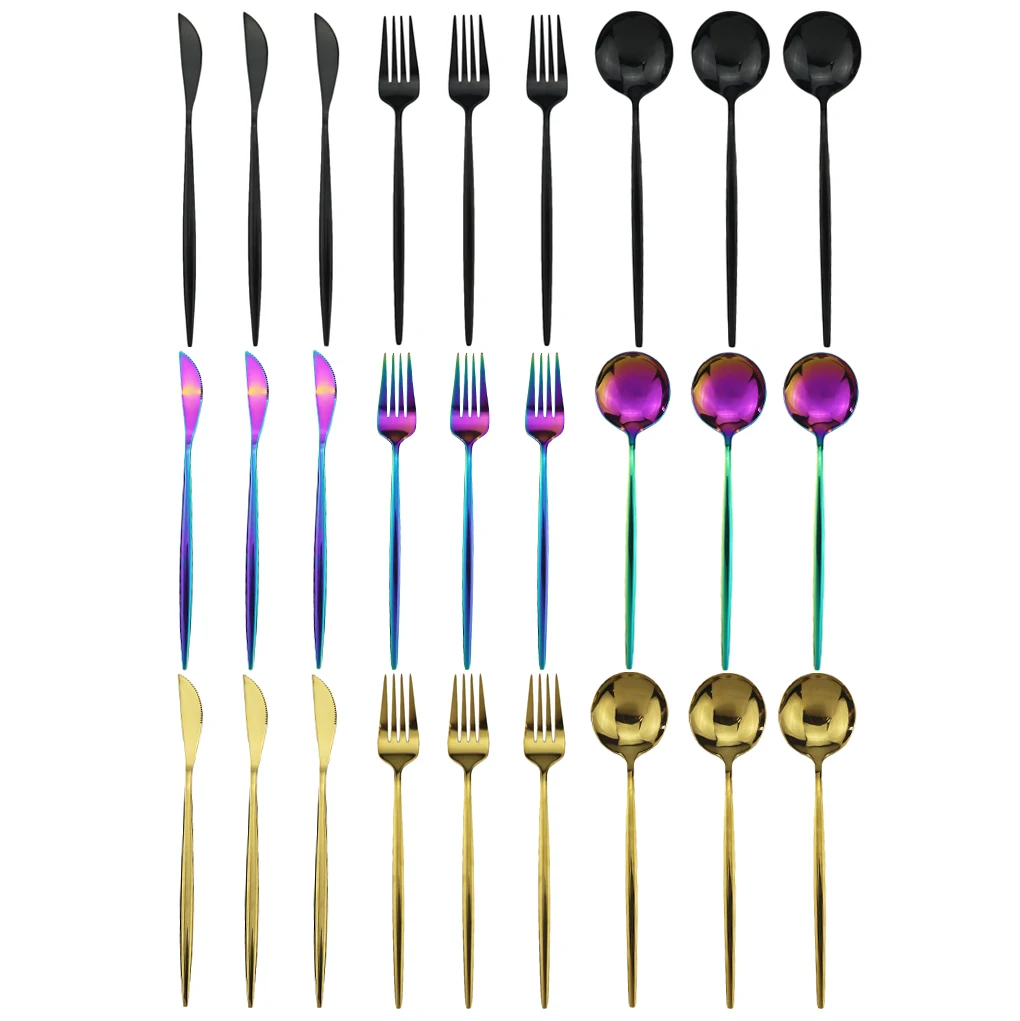 3pcs/set Gold Dinnerware Set Rainbow Flatware Set Stainless Steel Cutlery Set Knife Fork Spoon