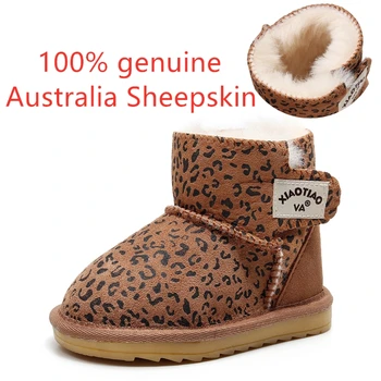 

Genuine Leather Leopard Kids Winter Boots Natural Sheepskin baby Snow Boots Hard Rubber Anti-slip Sole Girl Booties Warm Shoes