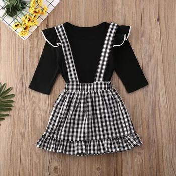 

Pudcoco Newborn Baby Girl Clothes Solid Color Fly Sleeve Romper Tops Strap Plaids Ruffle Mini Skirt 2Pcs Outfits Clothes