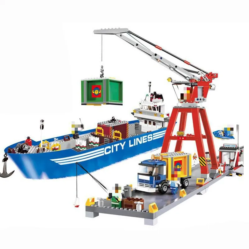 695pcs City Ultimate Harbour Port Lines Cargo Ship Working Crane 02034 Figure Building Blocks Toys Compatible With
