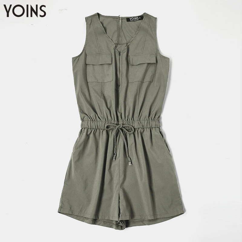 YOINS Women V-neck Sleeveless Lace up Zip Front Side Pockets Playsuit Summer Casual Jumpsuit Rompers Overall Trousers Femme