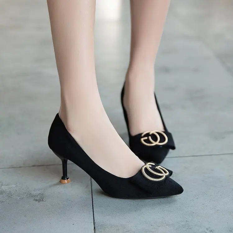 

2019 Spring New Style Online Celebrity Pointed-Toe High Heel Shoes Thin Heeled Versatile Low-Cut WOMEN'S Shoes Suede Semi-high H