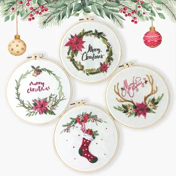 

Christmas Easy Embroidery Kit for Beginner Printed Needlework DIY Sewing Art Wall Painting Reindeer, Socks, Snowman Holiday Gift
