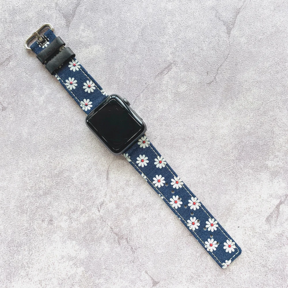 Ремешок с цветочным рисунком для Apple Watch 5 Band 38 мм 40 42 44 тканевый кожаный браслет
