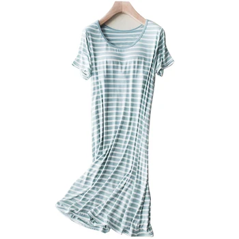 

Cute Stripe Round Neck Sle Women Sleep Dress With Chest Pad Modal Nightgowns Short Sleeve Plus Size Lounge Wear