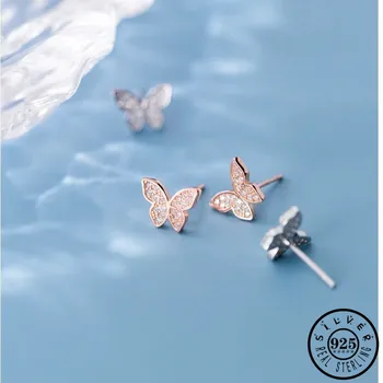 

925 Sterling Silver Cubic Zirconia Butterfly Shape Earings Rose Gold Color Plated Ear Stud Earrings Fine Jewelry Gifts for Women