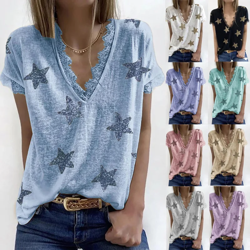 2021 Summer V-neck Print Lace T-Shirt Women Casual Loose Top Ladies Short Sleeve Basic Tees Camiseta De Mujer Female Clothing