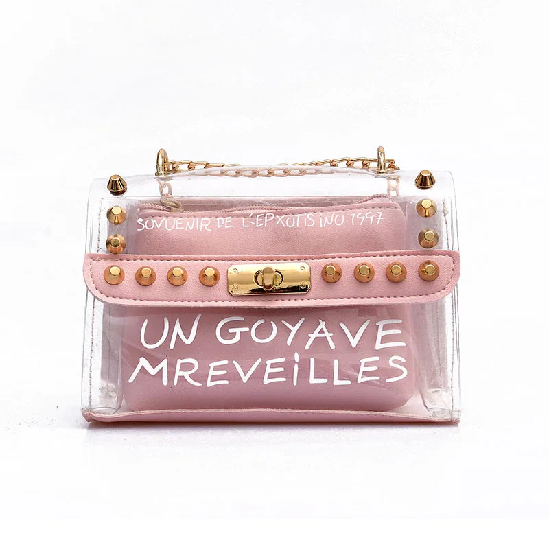 

Women Handbags Fashion PVC Transparent Handbags Printed Letter Square Mobile Phone Bags Chain Shoulder Messenger Bag SS7586