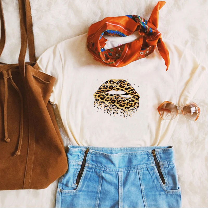 Luslos Leopard Mouth Lip Kiss Printed Graphic Tee Women Tshirt Funny Short Sleeve Tops Femme Vogue Harajuku Casual White T Shirt | Женская