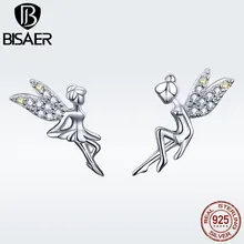 BISAER, 925 пробы, серебряные, маленькие, ангел, фея, серьги-гвоздики для женщин, прозрачный кубический цирконий, режим, Bijoux Brincos GAE046