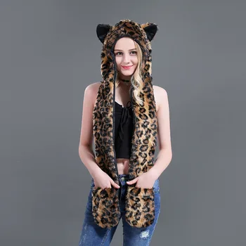 

European and American fashion hat scarf gloves one animal hat faux fur hat plush cartoon Leopard print
