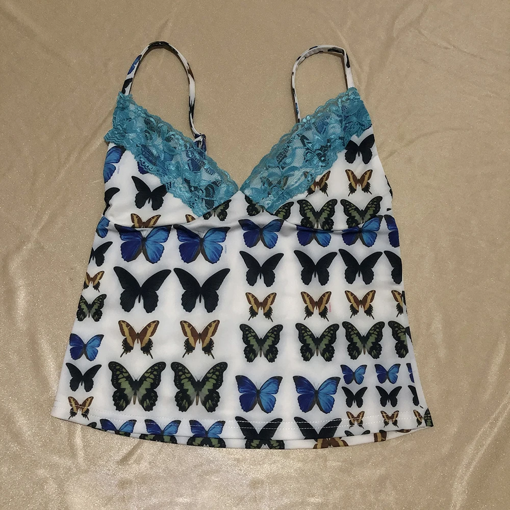 

butterfly camis lace crop top women summer streetwear adjustable strap print tank top white black harajuku skinny vest femme 95s
