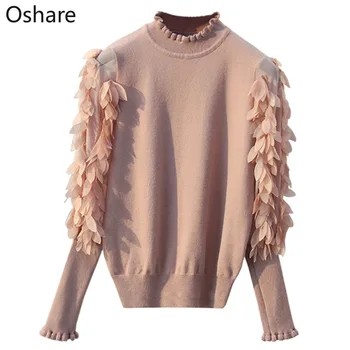

NEW Ruffled Collar Knitted Women Sweater Spring Autumn Loose Jumper Fashion Flowers Sleeves Sweater and Pullover Femme Pull