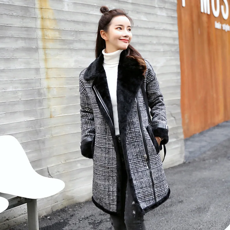

[Photo Shoot 2018 South Korea Autumn And Winter New Style Thousands of Birds Duffle Coat Loose Thick Fur Middle Long Coat