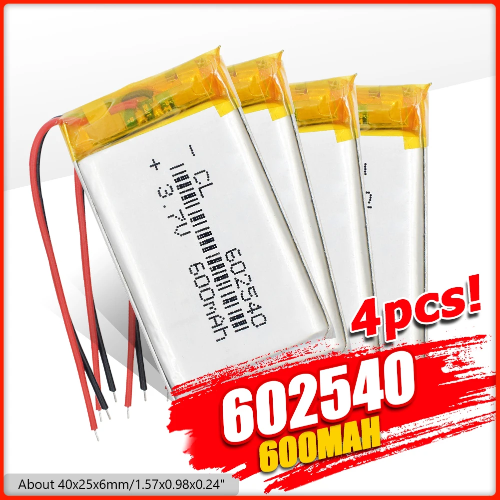 1 2 4x mini 602540 li ion li po battery 3 7v 600mah gps mp3 speaker