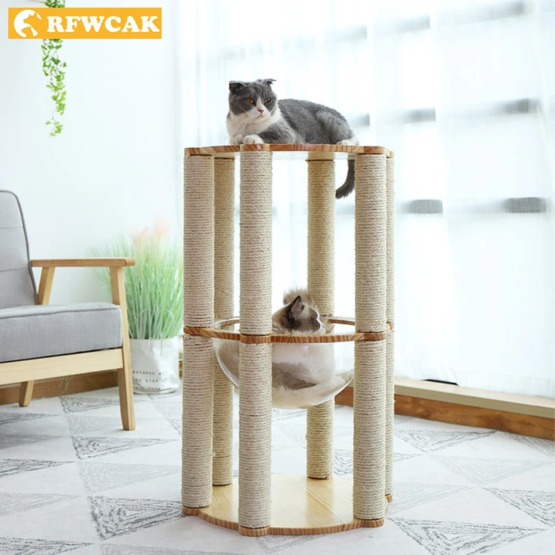 - RFWCAK Pet Cat Tree Climbing Frame Sisal Scratching Post Toy Grinding Claw With Space Capsule Cat Condo Solid Wood Cat Furniture