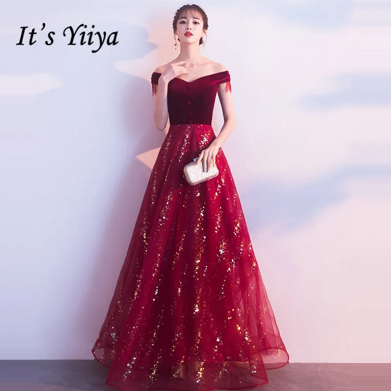 

It's Yiiya Evening Dress 2019 Burgundy Sequins Boat Neck A-Line Dresses Vintage Velour Elegant Off Shoulder Formal Dresses E1315