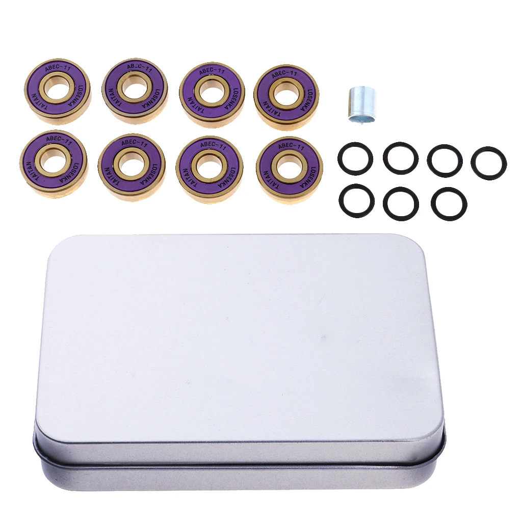 8 Titanium ABEC 11 Professional Ball Bearings, 4 Spacers For Skateboards And One