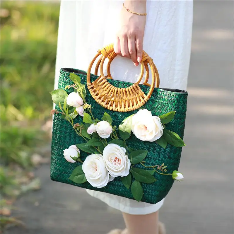 

Beach designer flower bags for woman 2019 new fashion straw beach knitted beige green flowers lady handbags womens