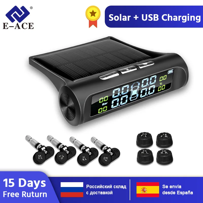 Tanie E ACE K01 K02 Bezpieczeństwo samochodu System alarmowy ciśnienia w oponach Solar Power Cyfrowy wyświetlacz Inteligentny samochód System monitorowania ciśnienia w oponach TPMS