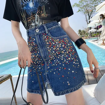 

Heavy Industry Denim Skirt New Spring Skirt Female Diamonds Were Thin And Versatile Lrregular One-Step Package Hip Skirt