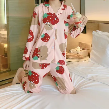 

Cute Cartoon Bear Printed Sleepwear Autumn And Winter New Ladies Pajamas Set Comfort Fall Cotton 2Pcs Homewear Set Casual Wear