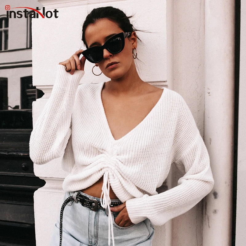 

InstaHot White Green Drawstring Knitted T shirts Women Loose Deep V-neck Elegant Long Sleeve Casual Solid Autumn Cotton Top