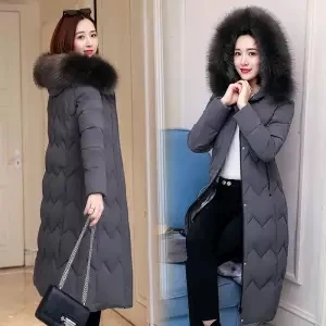 Женское шикарное меховое пальто с капюшоном, зимнее женское пальто, теплая куртка размера плюс, Длинная тонкая женская ватная Женская куртка на меху - Цвет: Серый