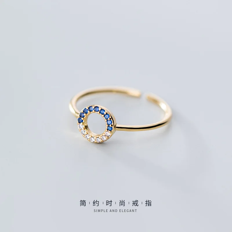 S925 Серебряное кольцо женский корейский модный простой полый Круглый Проложить синий и белый кристалл Сладкий открытие кольцо