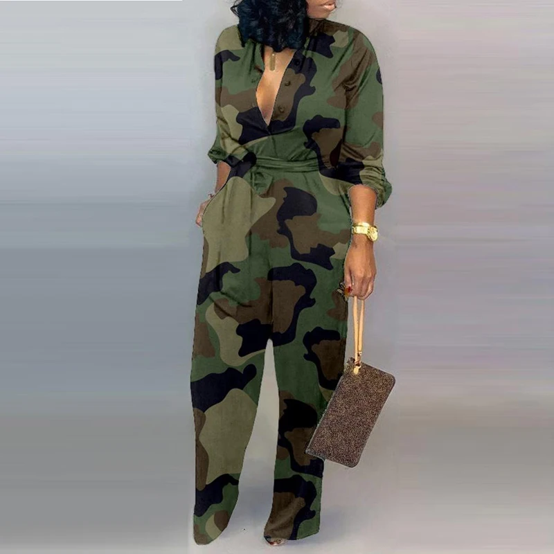 Женская элегантная буква, комбинезон с принтом, Осенний сексуальный комбинезон с v-образным вырезом и длинным рукавом, женские комбинезоны с поясом - Цвет: Camouflage Green