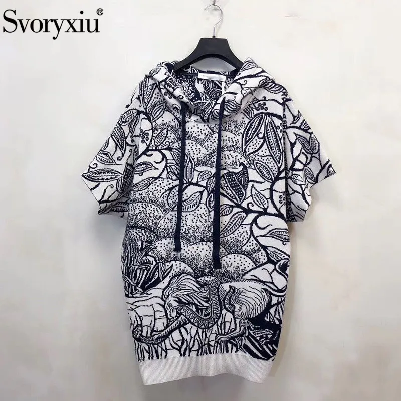 

Svoryxiu Runway High-End Forest Animal Totem Knitting Pullover Women's Short Sleeve Autumn Winter Cashmere Sweater Coat