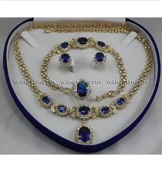 

Free Shipping Real Blue Zircon Inlay Link Bracelet earrings Ring Necklace Set >>new - watch wholesale Quartz stone CZ crystal