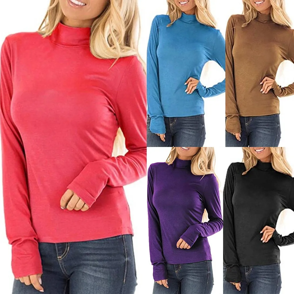 

Tshirt Women Fashion Solid Color Turtleneck Slim Long Sleeve Tops T-shirt Haut Camiseta Mujer Top Women Harajuku T Shirt Poleras