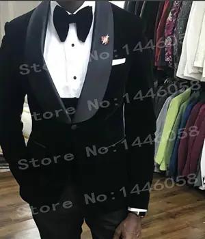 

Costume Homme 2018 Elegant Fashion Design Slim Fit 3 Pieces Groomsmen Black Velvet Men Prom Dress Suits For Wedding Groom Tuxedo