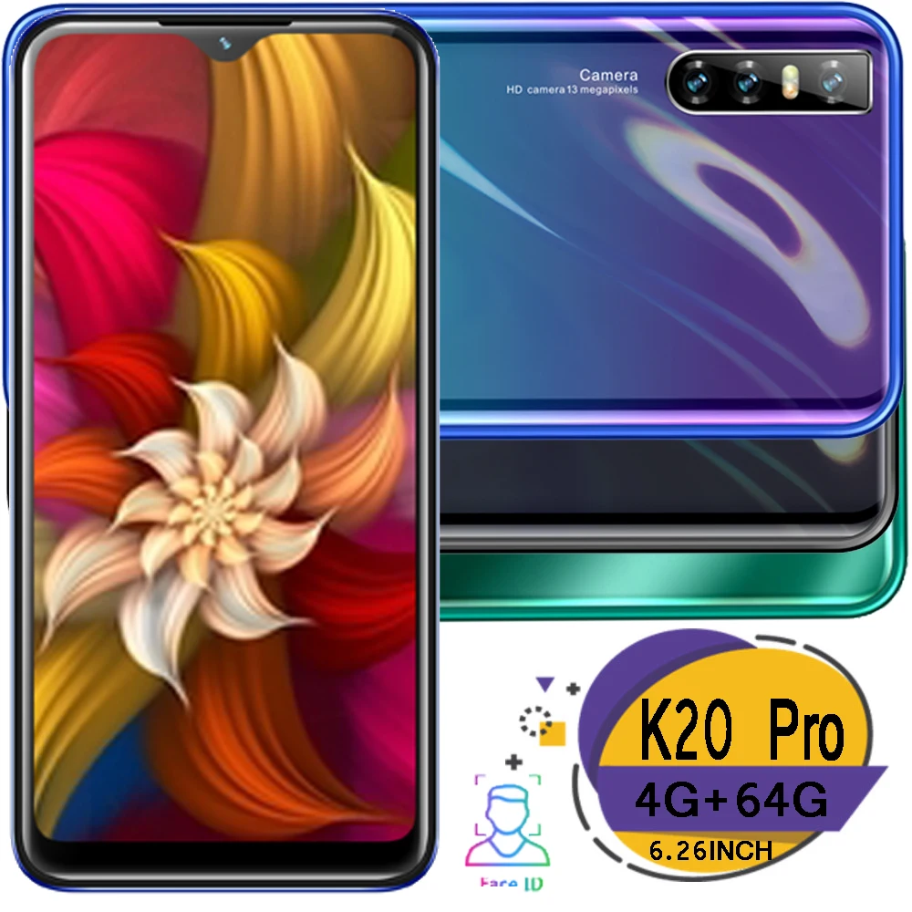 

K20 Pro quad core smartphones 4GB 64GB 13MP 6.26 water drop screen android mobile phones face ID unlocked celulares dropshipping