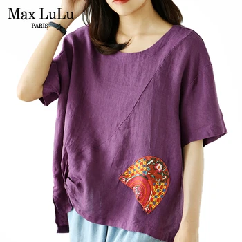 

Max LuLu 2020 Summer Korean Style Ladies Fashion Gothic Embroidery Tops And Blouses Womens Casual Linen O Neck Shirts Plus Size