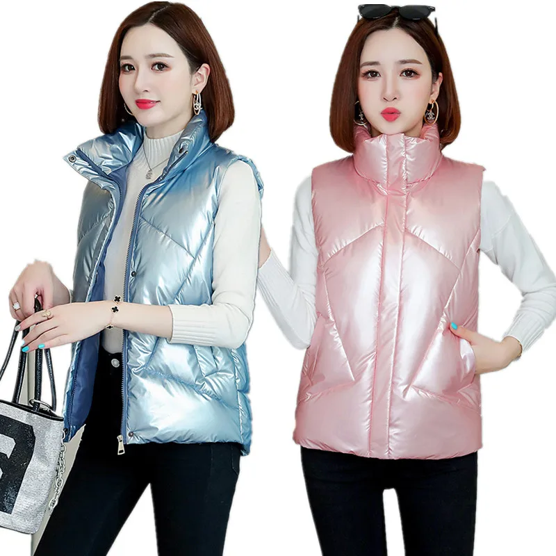 

Lingwave Winter New Plus Size S-3XL Stand Collar Short Women Vests Cotton Padded Jacket Sleeveless Female Shinny Pink Waistcoat