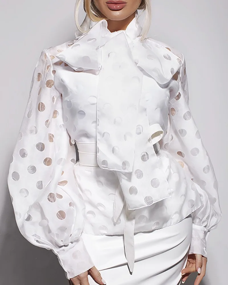 OL элегантная завязанная шея Блузка Топы рабочая одежда для женщин горошек точечный фонарь рукав Повседневная завязанная блузка - Цвет: Белый