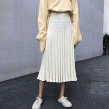 Вязаные женские плиссированные юбки осень зима Корейская Высокая талия Свободные женские юбки черный абрикосовый консервативный стиль миди Faldas Mujer