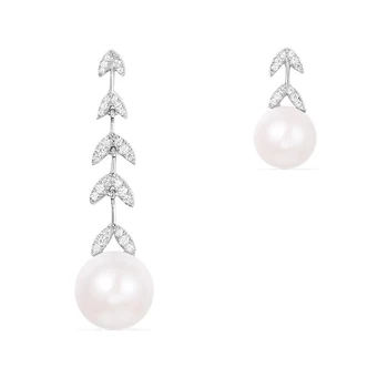 

Women 925 Sterling Silver Laurel Leaves Freshwater Pearl Tassel Earring with Cubic Zirconia Stone Asymmetry Chain Drop Earrings