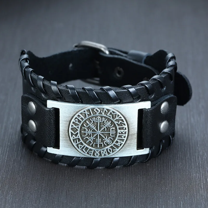 Leather Bracelet Punk Vintage Compass Bangles Nordic Runes Odin Symbol Wrap Viking For Men