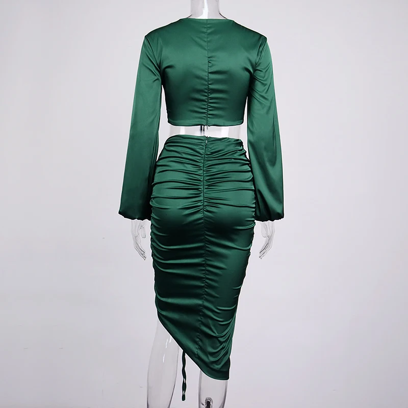 NewAsia Two Piece Skirt Set Lantern Sleeve V Neck Crop Top Ruched Midi Skirt Elastic Sexy Party Outfits For Women Matching Sets