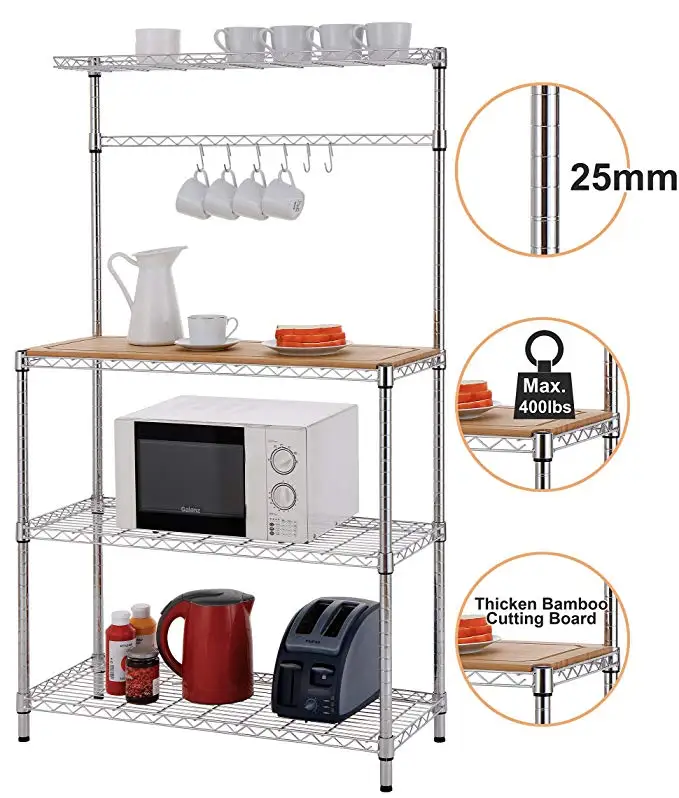 Magic Union 4-Tier Adjustable Kitchen Rack Floor Standing Rolling Rack Microwave Stand Shelf Storage Cart with Cutting Board