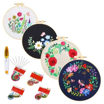 

4 Sets Embroidery Kit with Pattern Embroidery Hoops Embroidery Clothes with Floral Pattern Color Threads and Tools